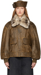 VAQUERA Brown Faded Leather Bomber Jacket