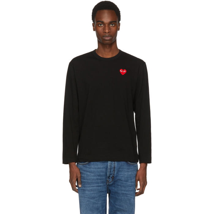 Photo: Comme des Garçons Black and Red Long Sleeve Heart Patch T-Shirt