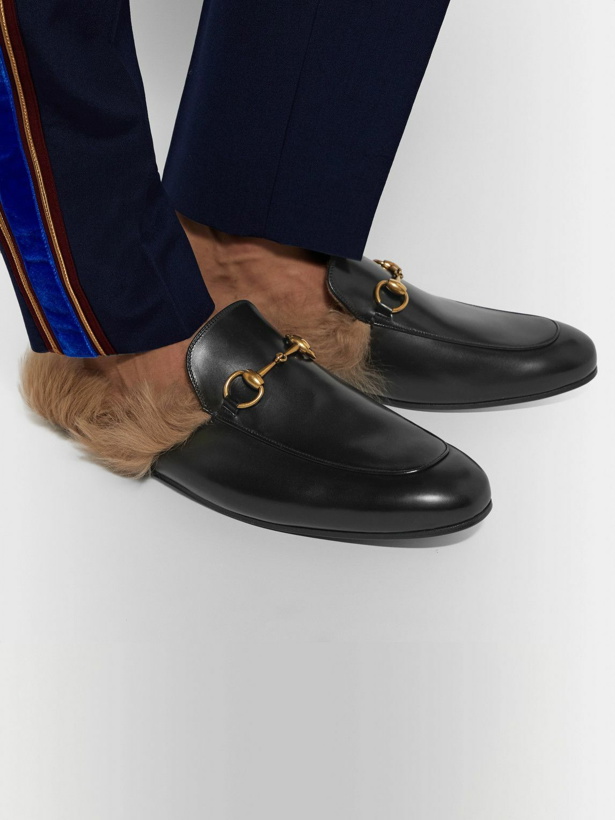 Photo: GUCCI - Princetown Horsebit Shearling-Lined Leather Backless Loafers - Black