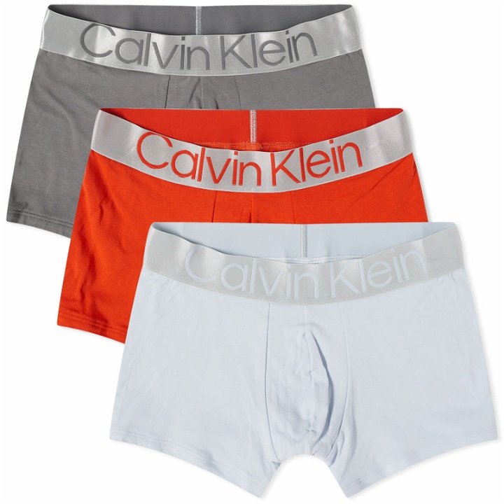 Photo: Calvin Klein Men's Steel Trunk 3-Pack in Light Grey/Red/Grey