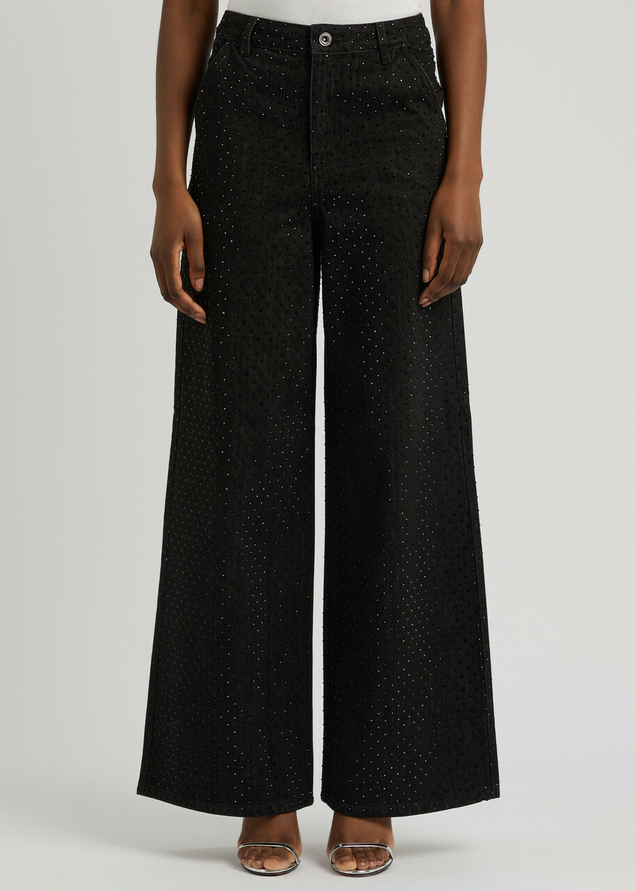 Self-portrait Crystal-embellished Wide-leg Jeans Black