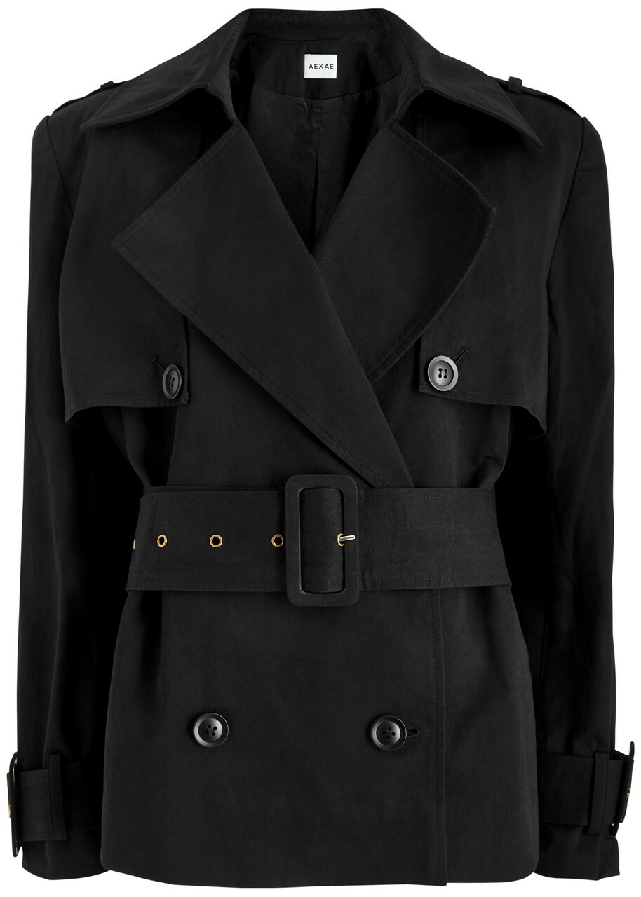 Aexae Belted Cropped Cotton Trench Coat Black