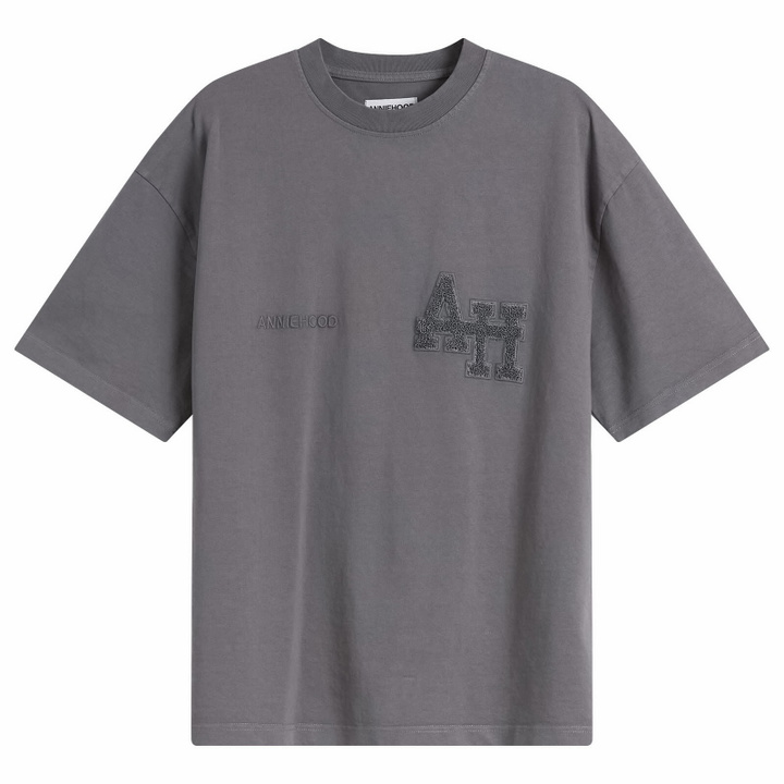 Photo: ANNIE HOOD Men's College T-Shirt in Washed Black