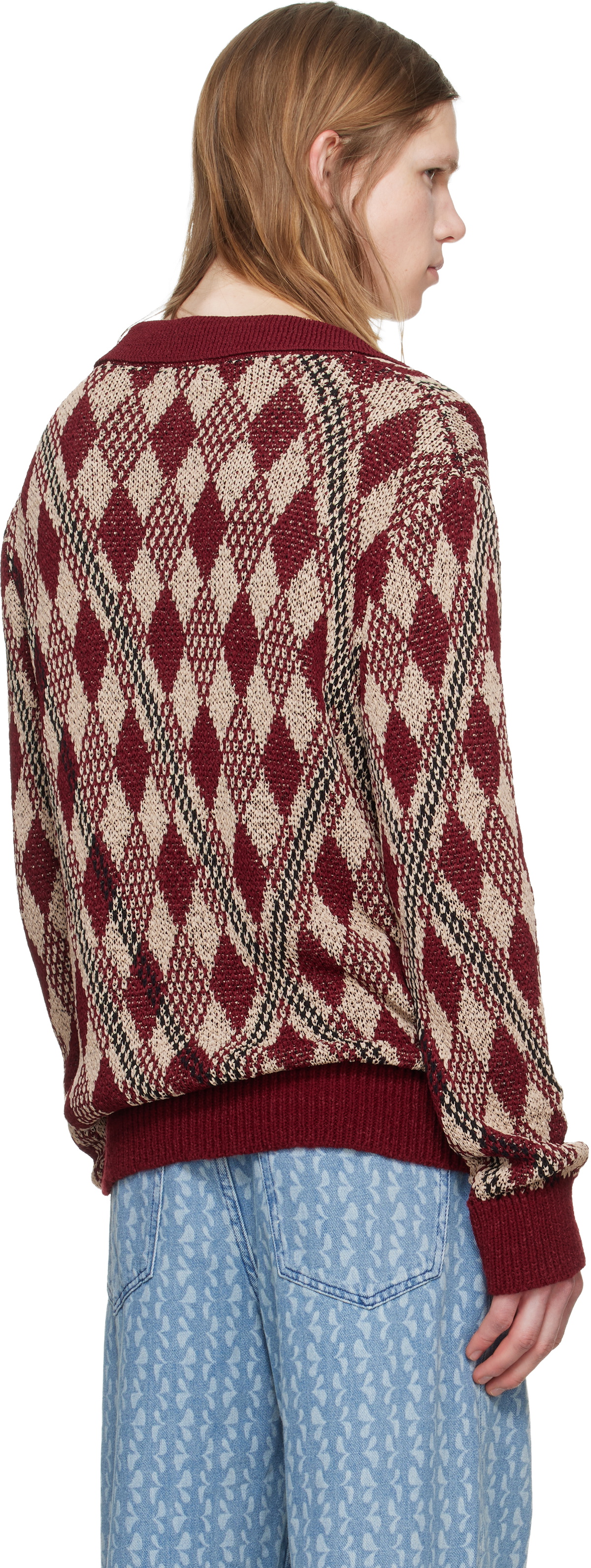 Dries Van Noten Burgundy & Beige Argyle Polo