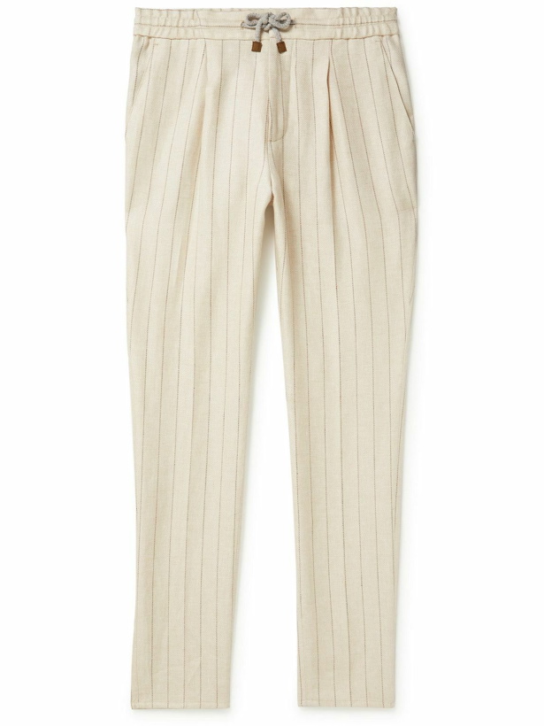 Photo: Brunello Cucinelli - Straight-Leg Pleated Pinstriped Linen-Blend Drawstring Trousers - Neutrals