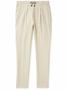 Brunello Cucinelli - Straight-Leg Pleated Pinstriped Linen-Blend Drawstring Trousers - Neutrals