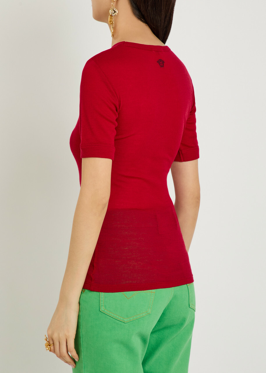 Versace Ribbed Logo-embroidered Wool T-shirt Red