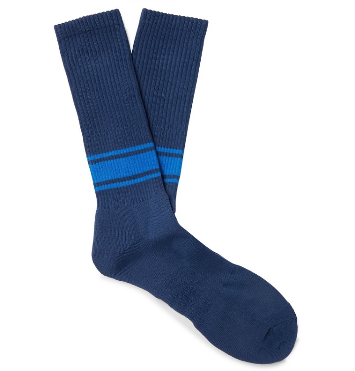 Photo: Mr P. - Ribbed Striped Stretch Cotton-Blend Socks - Blue