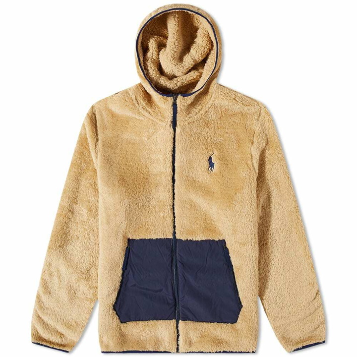 Photo: Polo Ralph Lauren Men's Zip Hooded Sherpa Fleece in Sand Dune/Newport Navy