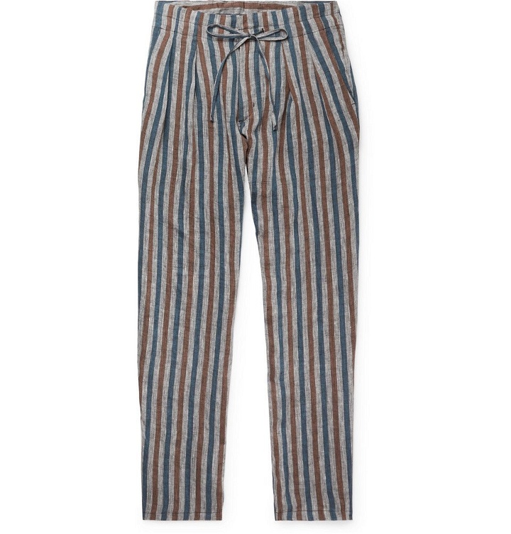 Photo: Monitaly - Grey Striped Pleated Linen Drawstring Trousers - Men - Gray
