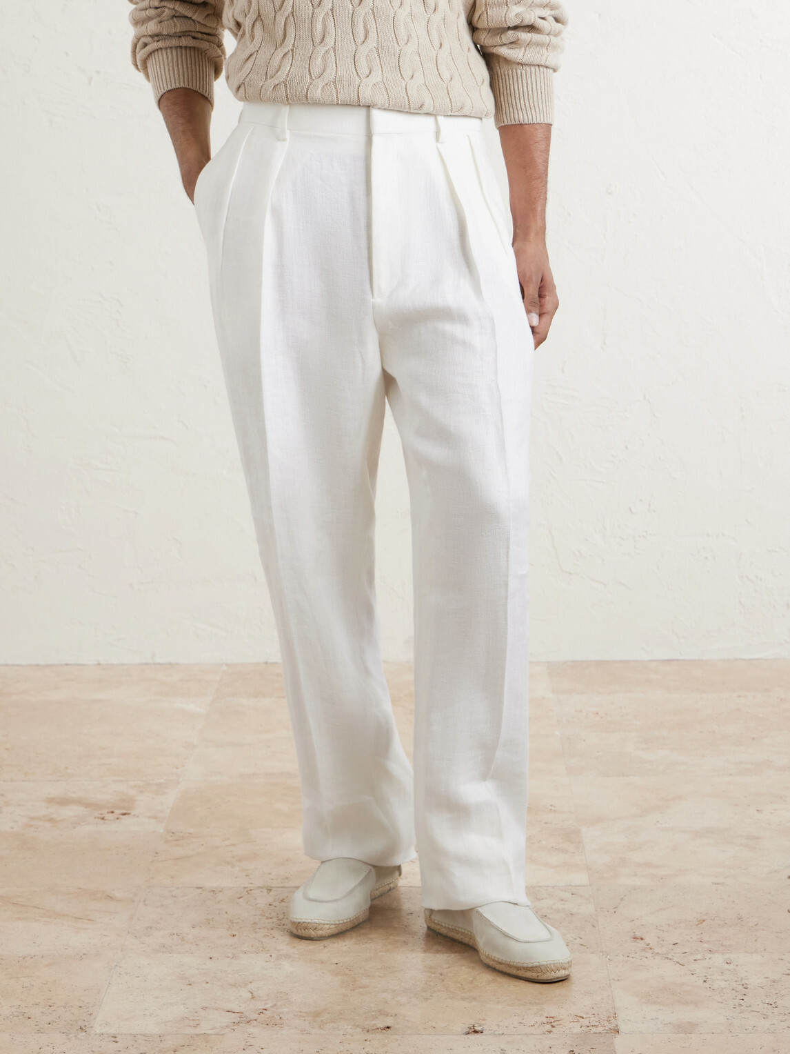 Ralph Lauren Purple label - Straight-Leg Pleated Herringbone Linen Trousers - White