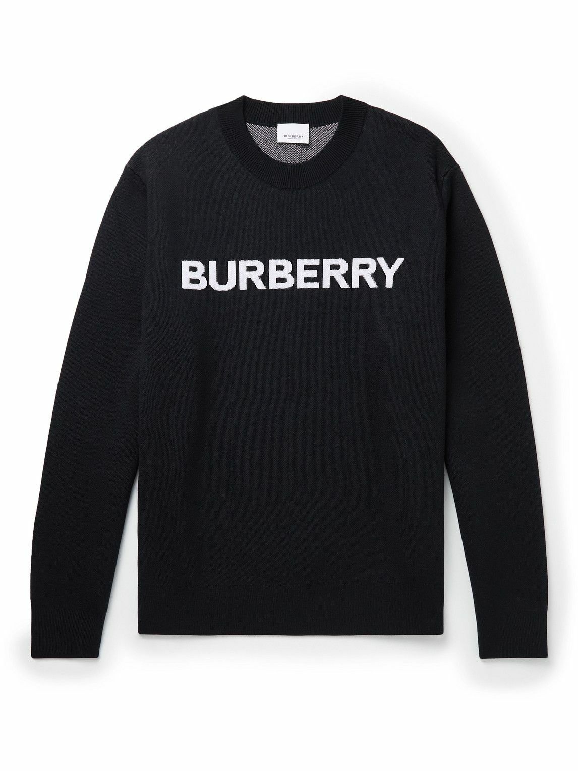 Burberry Logo Intarsia Wool and Cotton Blend Sweater Blue Burberry