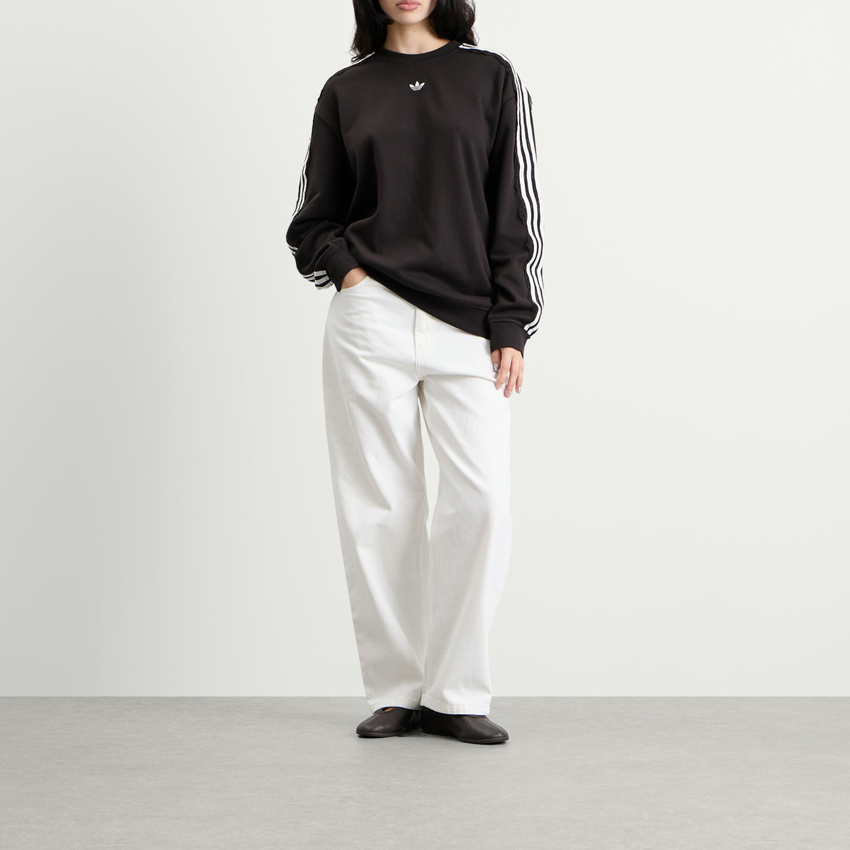 Adidas Women's Lace 3 Stripe Crew Sweatshirt in Night Brown