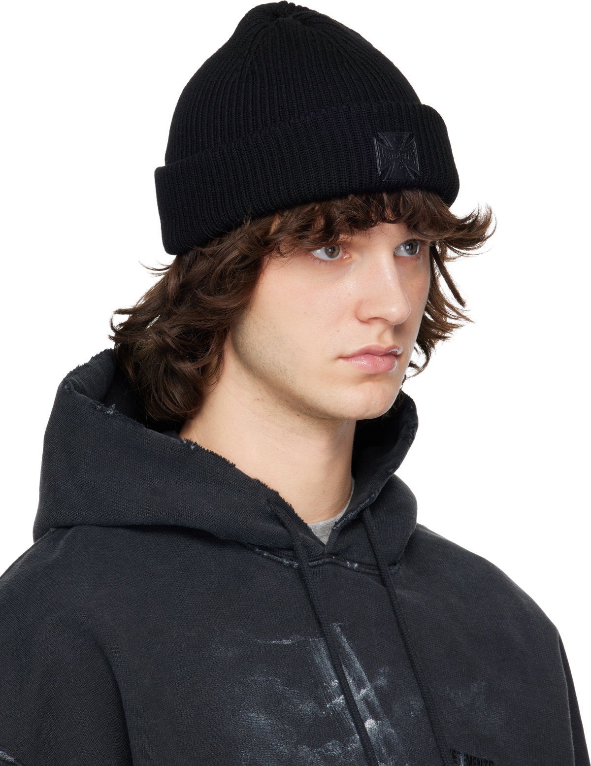 VETEMENTS Black Leather Biker Cross Label Beanie