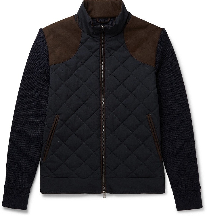 Photo: Purdey - Faux Suede-Trimmed Panelled Quilted Virgin Wool-Blend and Shell Jacket - Blue