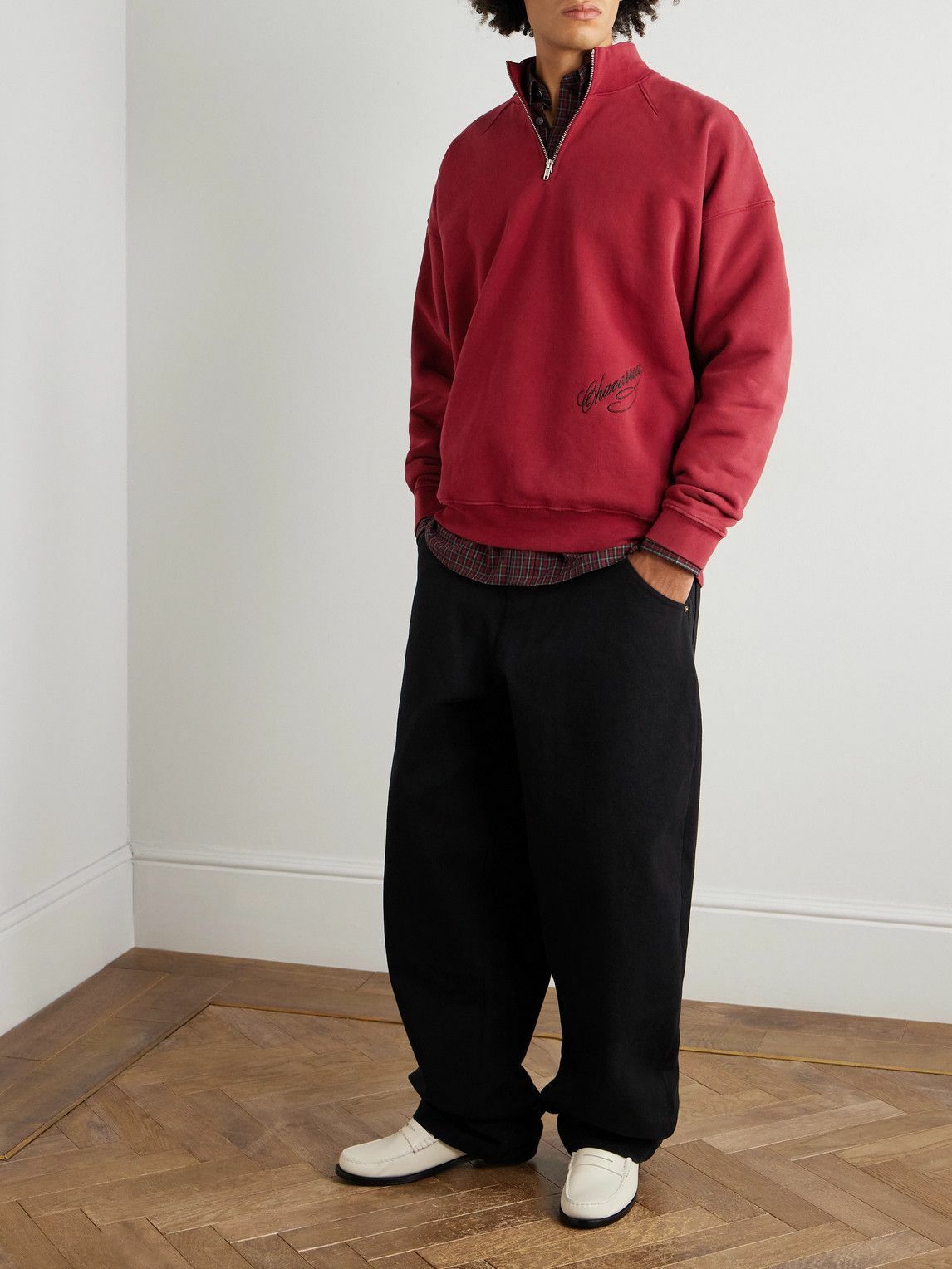 Willy Chavarria - Bravo Logo-Embroidered Cotton-Jersey Half-Zip Sweatshirt - Red