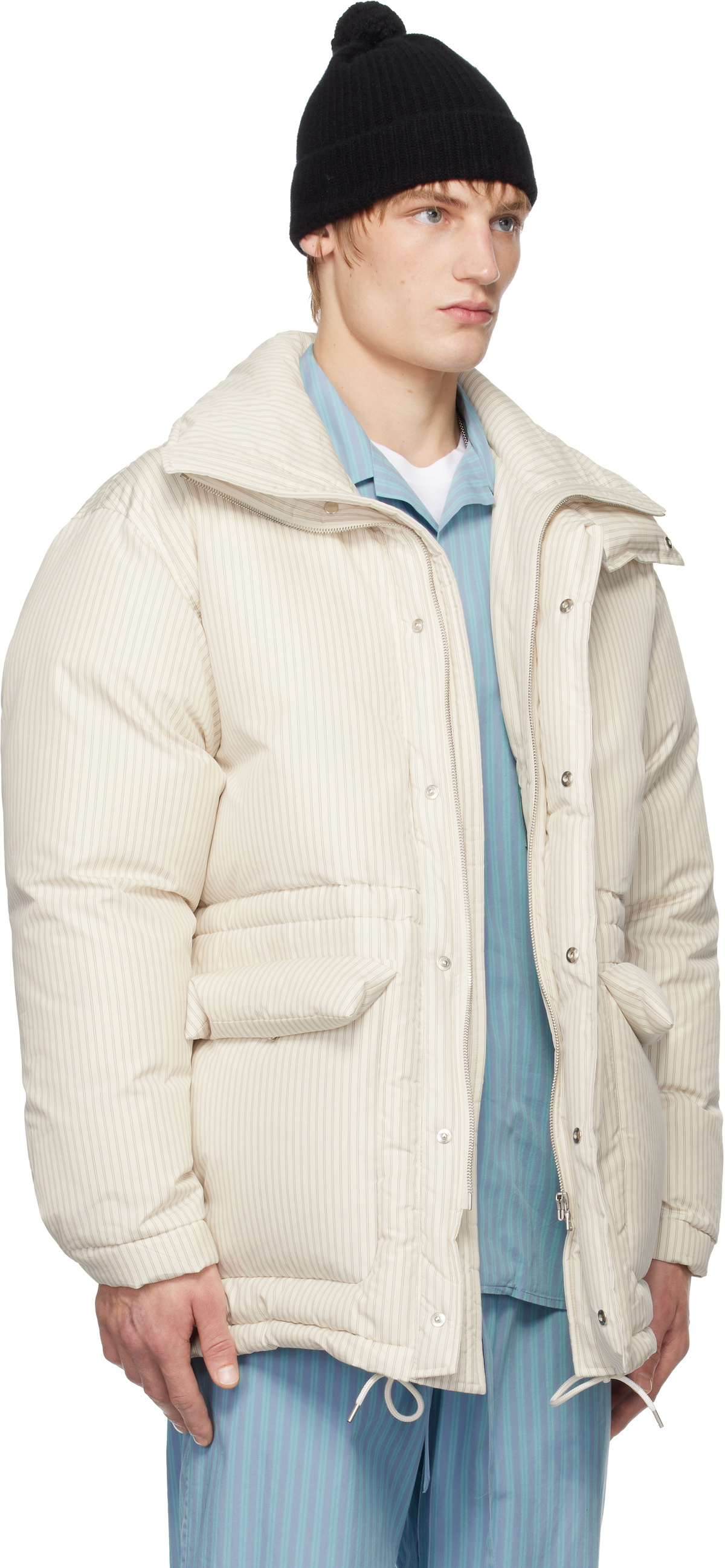 Tekla SSENSE Exclusive White AURALEE Edition Stripe Down Jacket