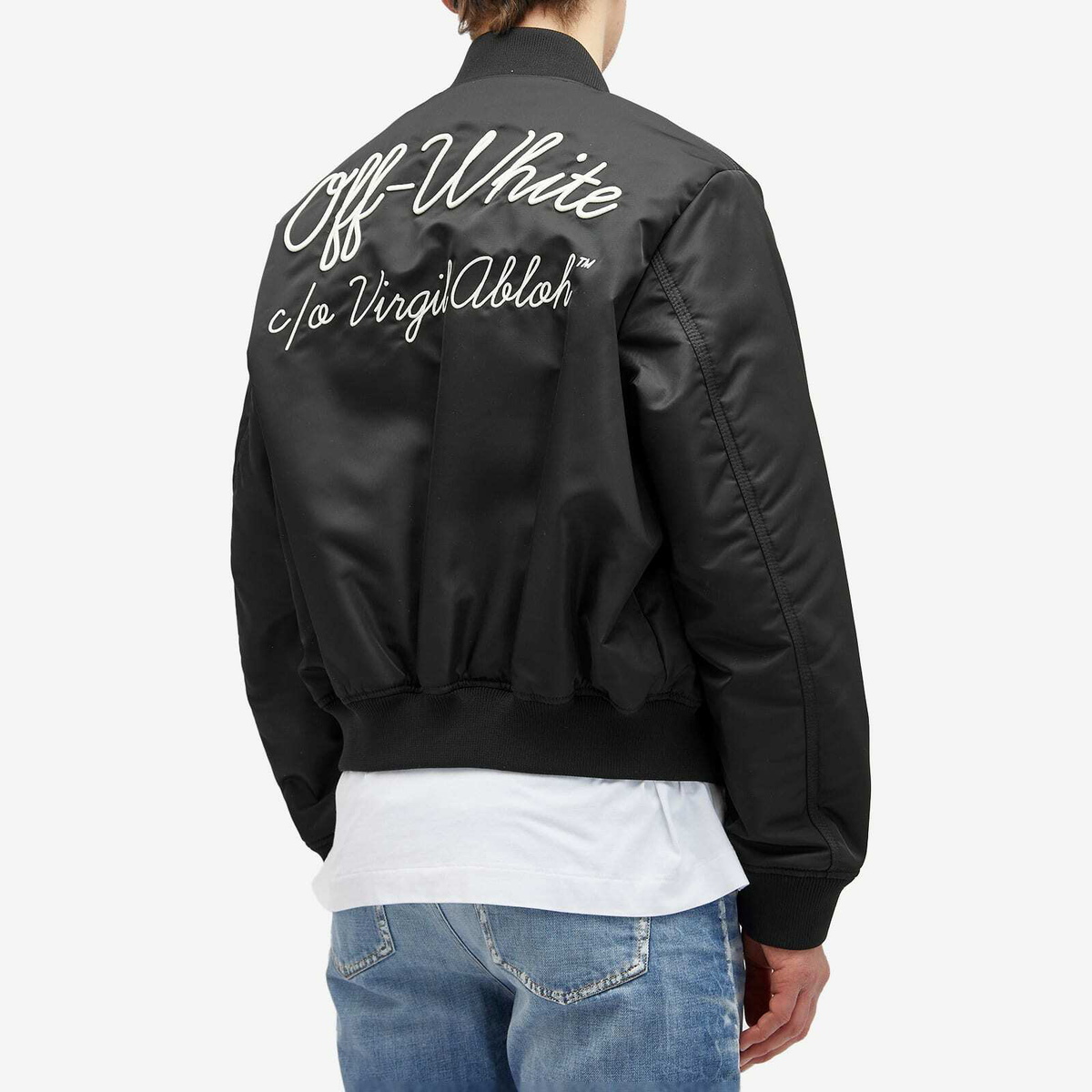 Off-White Men's Script Nylon Varsity Bomber Jacket in Black