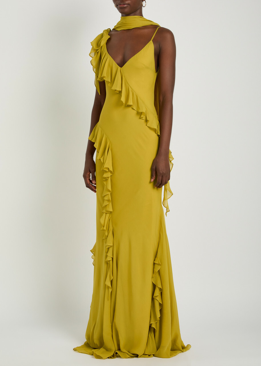 DE LA Vali Mayara Scar-effect Ruffled Chiffon Gown Yellow