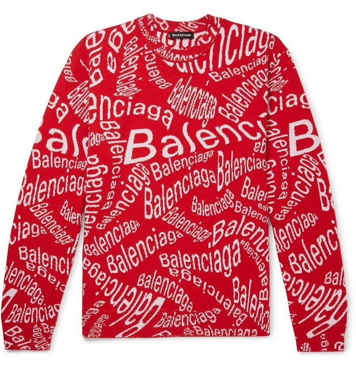 Photo: Balenciaga - Logo-Intarsia Virgin Wool-Blend Sweater - Red
