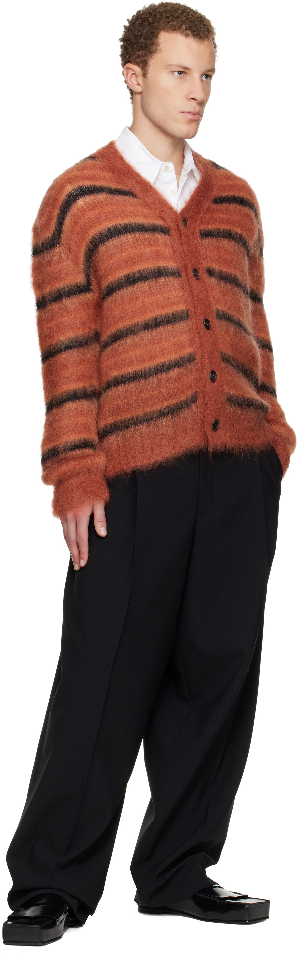 Marni Red & Black Fuzzy Wuzzy Stripe V-Neck Cardigan
