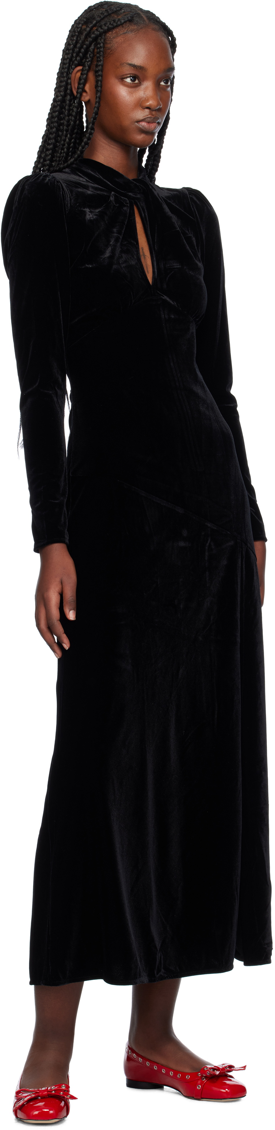 chinese dress ladies Velvet Gathered Long Dress in Black