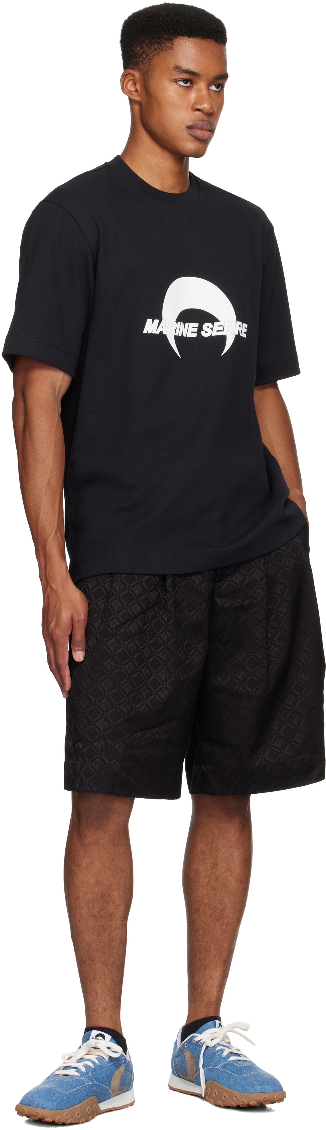 【Marine Serre】コットンジャージー ルーズフィットTシャツ 黒 Marine Serre Black Cotton Jersey Loose Fit T-shirt Marine Serre