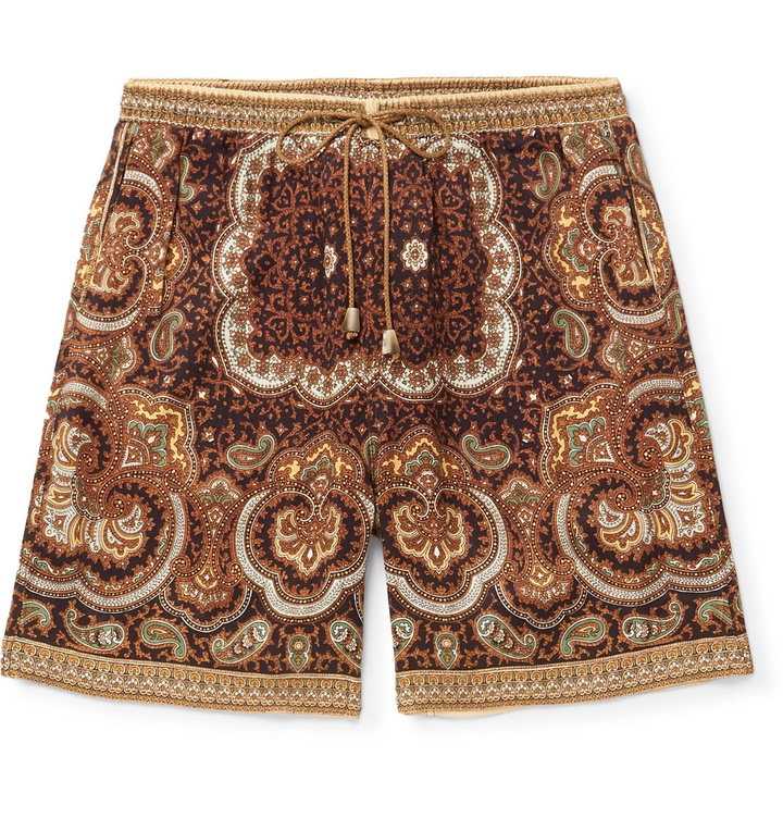 Photo: Nanushka - Doxxi Wide-Leg Printed Satin Drawstring Shorts - Brown