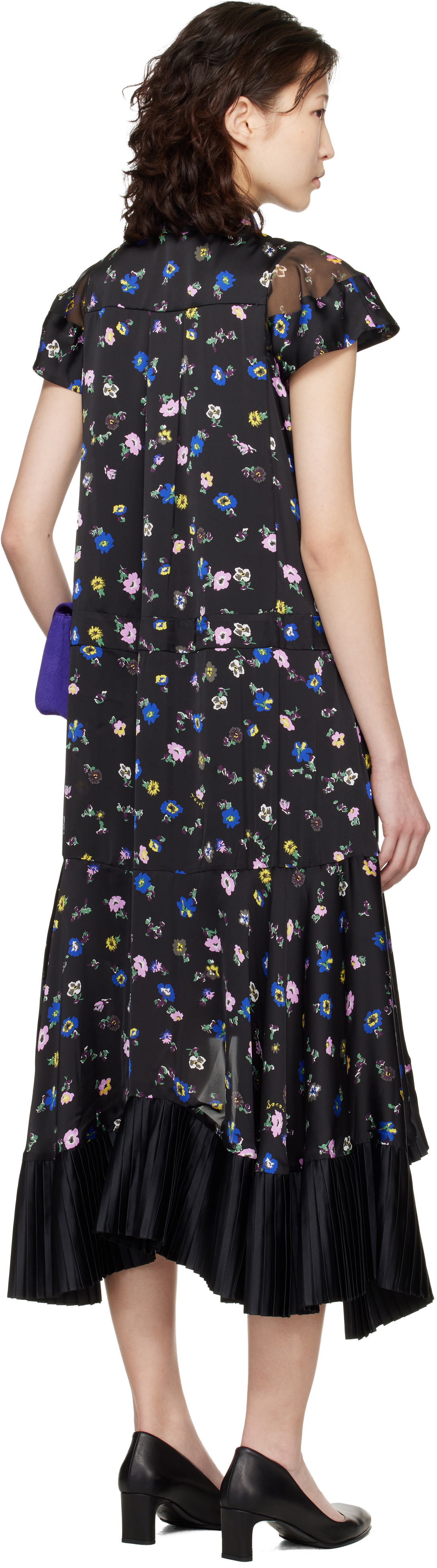 sacai Black Floral Printed Midi Dress