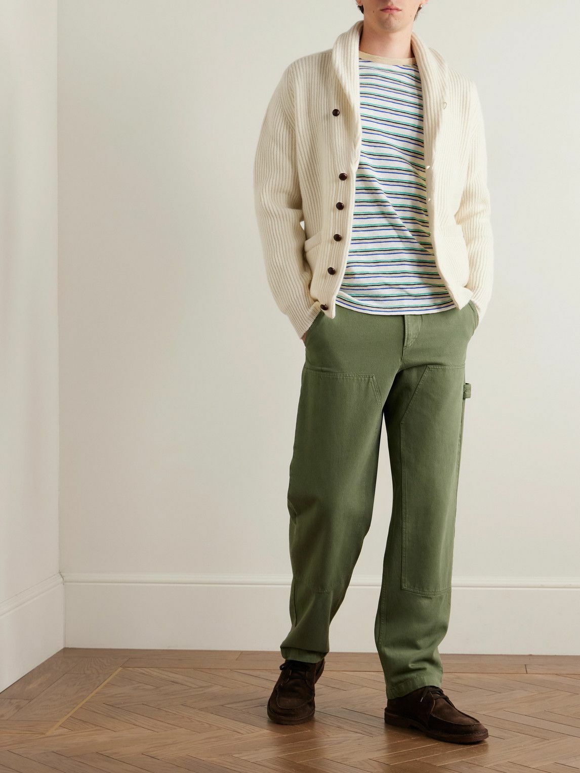 Drake's - Shawl-Collar Ribbed Wool Cardigan - White