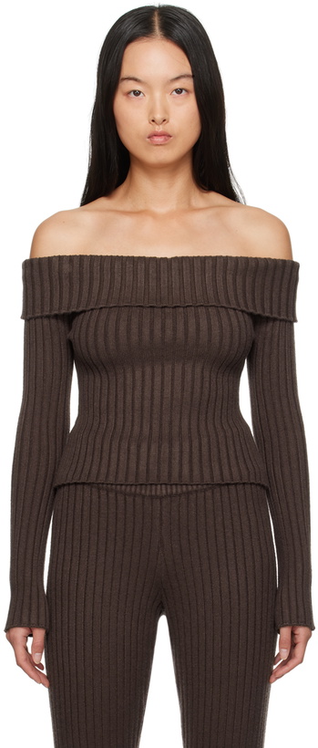 Photo: GUIZIO Brown Thalia Off Shoulder Sweater