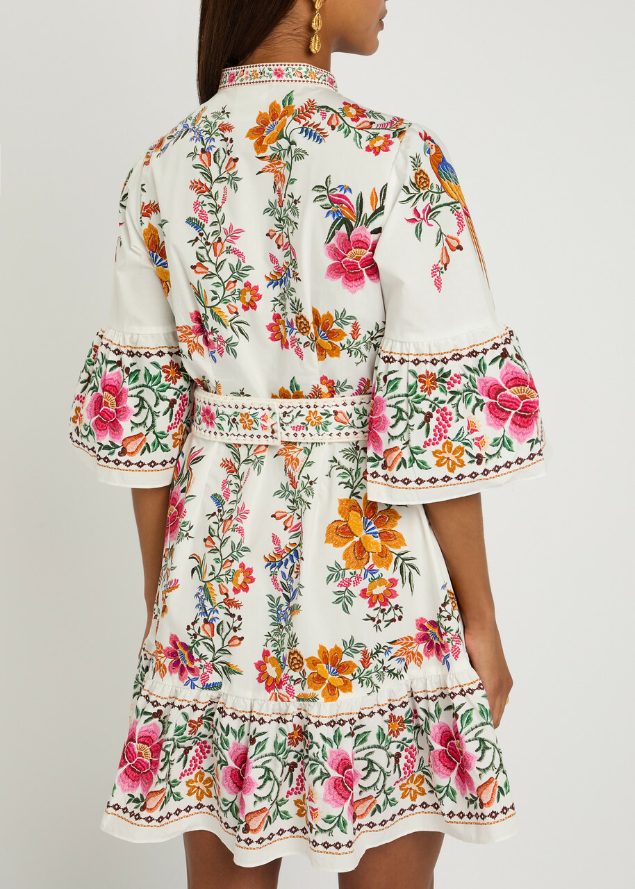 Farm Rio Delicate Forest Printed Cotton Mini Dress White
