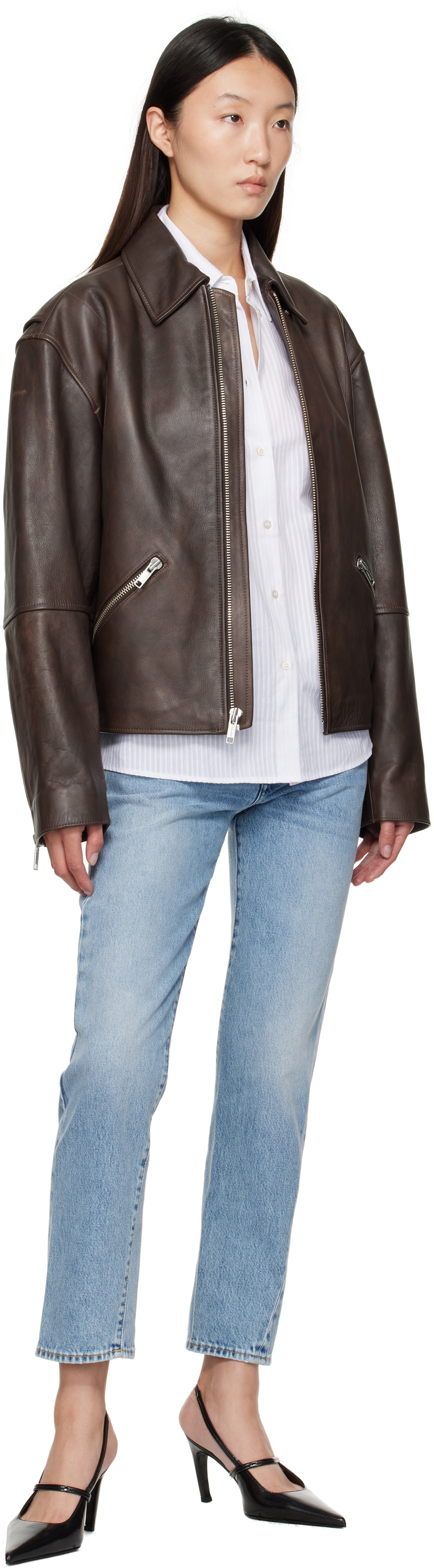 Calvin Klein Brown Biker Distressed Leather Jacket