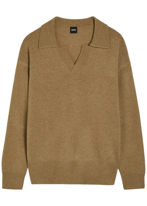 Photo: Boss Open Collar Wool Polo Jumper Khaki