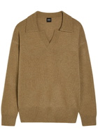 Boss Open Collar Wool Polo Jumper Khaki