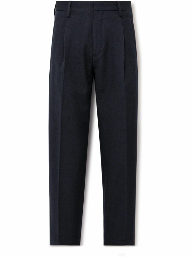 Photo: Incotex - Slim-Fit Tapered Pleated Virgin Wool and Cotton-Blend Trousers - Blue