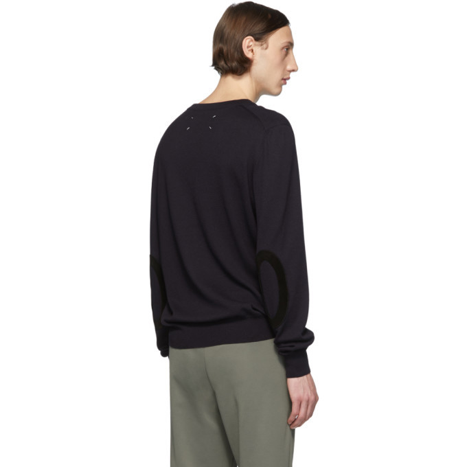 Maison Margiela Navy Elbow Patch V-Neck Sweater Maison Margiela