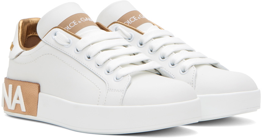 Dolce & Gabbana White & Gold Portofino Low Sneakers