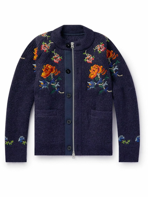 Photo: Sacai - Embroidered Ribbed Mohair-Blend Zip-Up Cardigan - Blue
