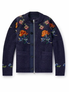 Sacai - Embroidered Ribbed Mohair-Blend Zip-Up Cardigan - Blue