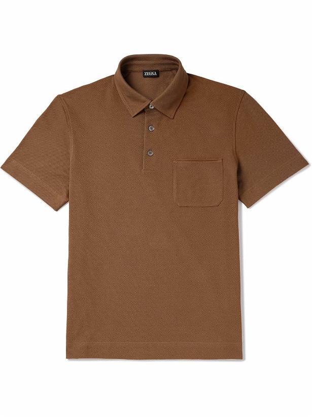 Photo: Zegna - Leather-Trimmed Cotton-Piqué Polo Shirt - Brown