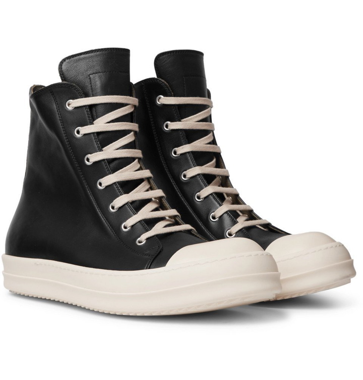 Photo: Rick Owens - Cap-Toe Leather High-Top Sneakers - Black