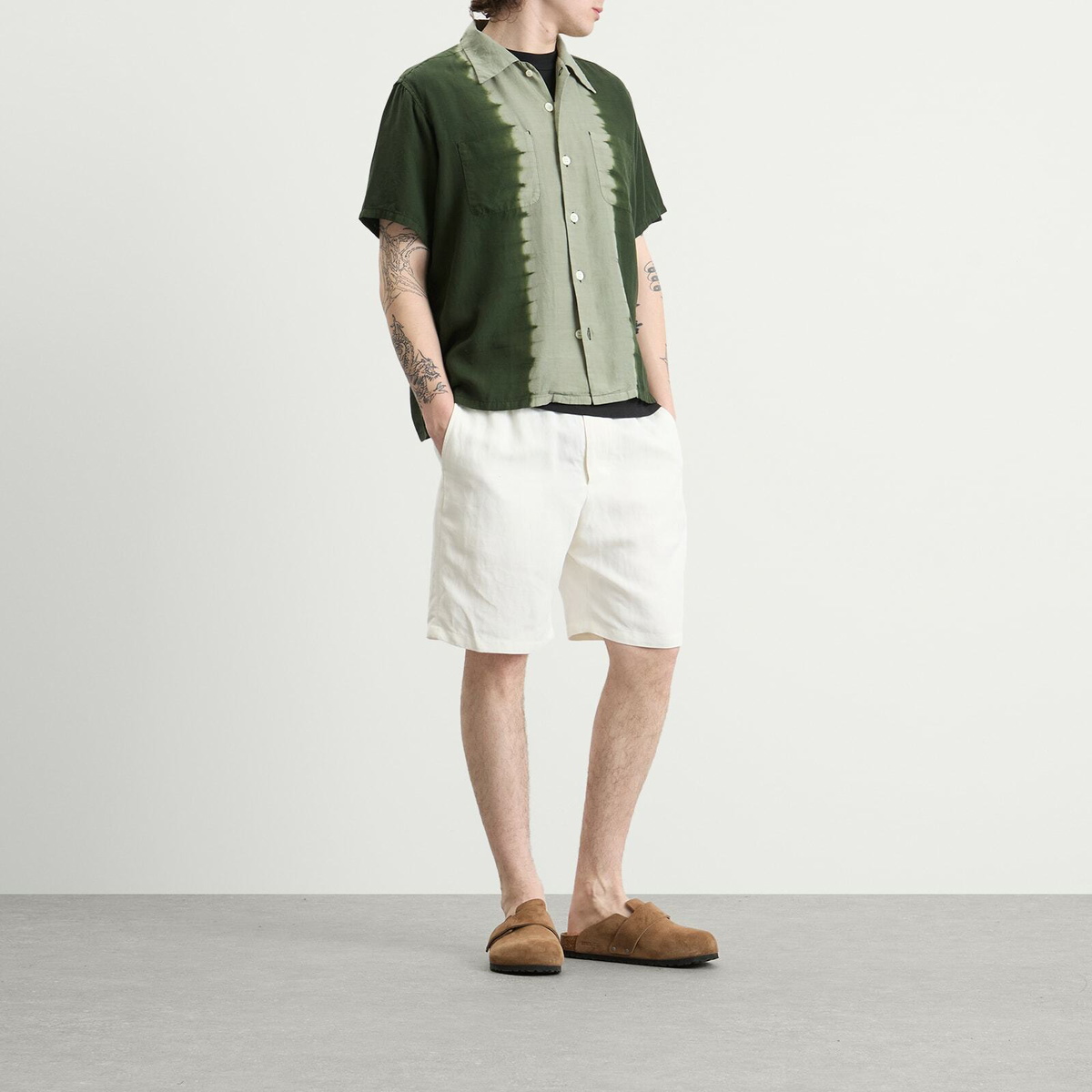 NOMARHYTHM TEXTILE Men's Hand Dye Open Collar Shirt in Forest Green