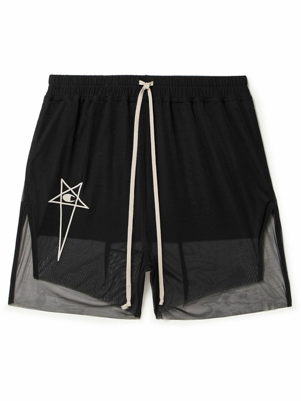 Photo: Rick Owens - Champion Dolphin Straight-Leg Embroidered Stretch Recycled-Mesh Shorts - Black