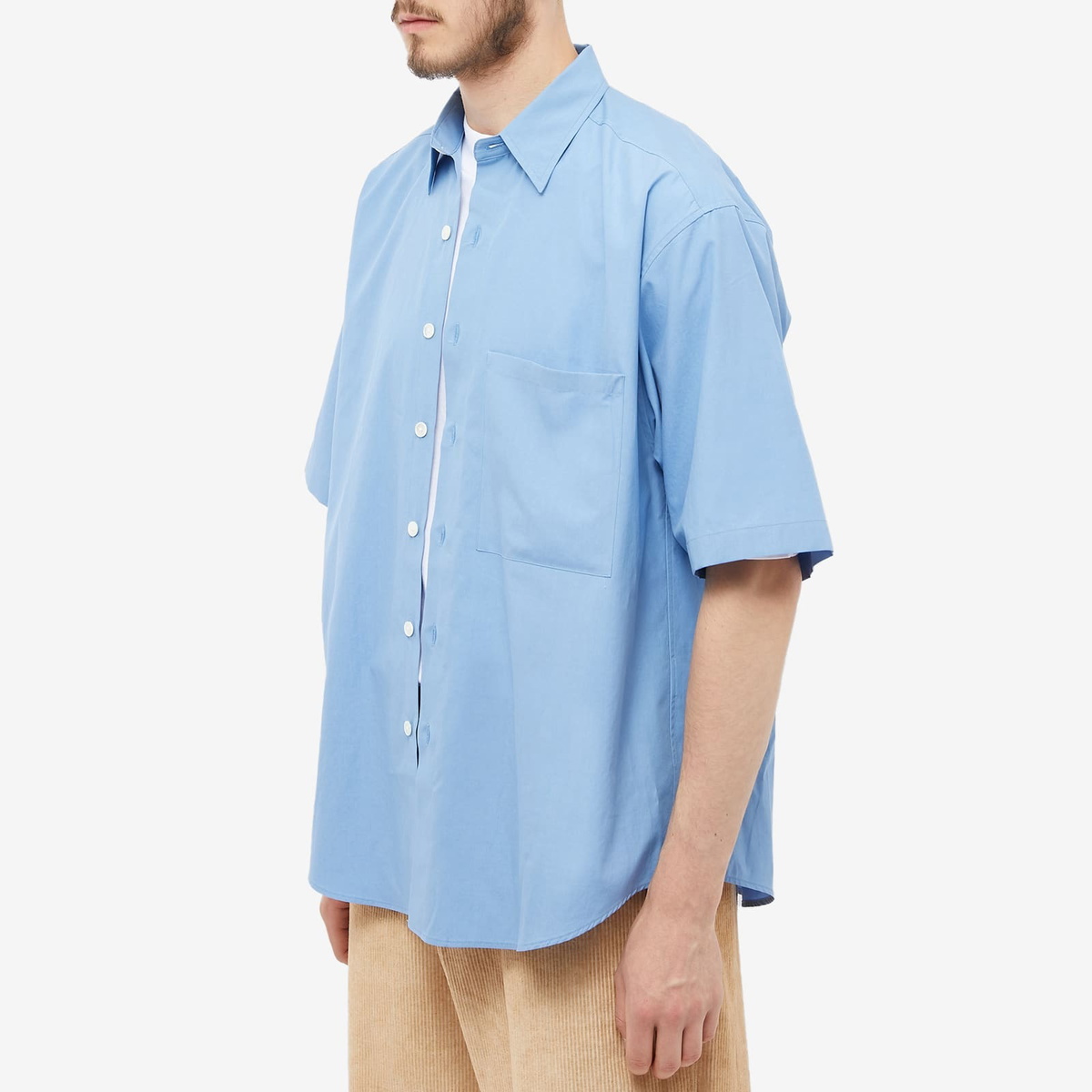 Auralee Men's Finx Short Sleeve Shirt in Blue Auralee