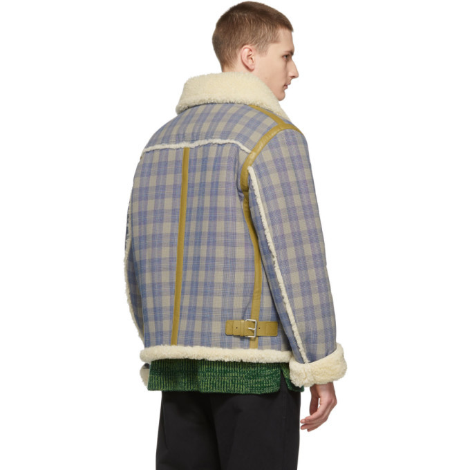 Acne Studios Beige and Blue Check Shearling Jacket