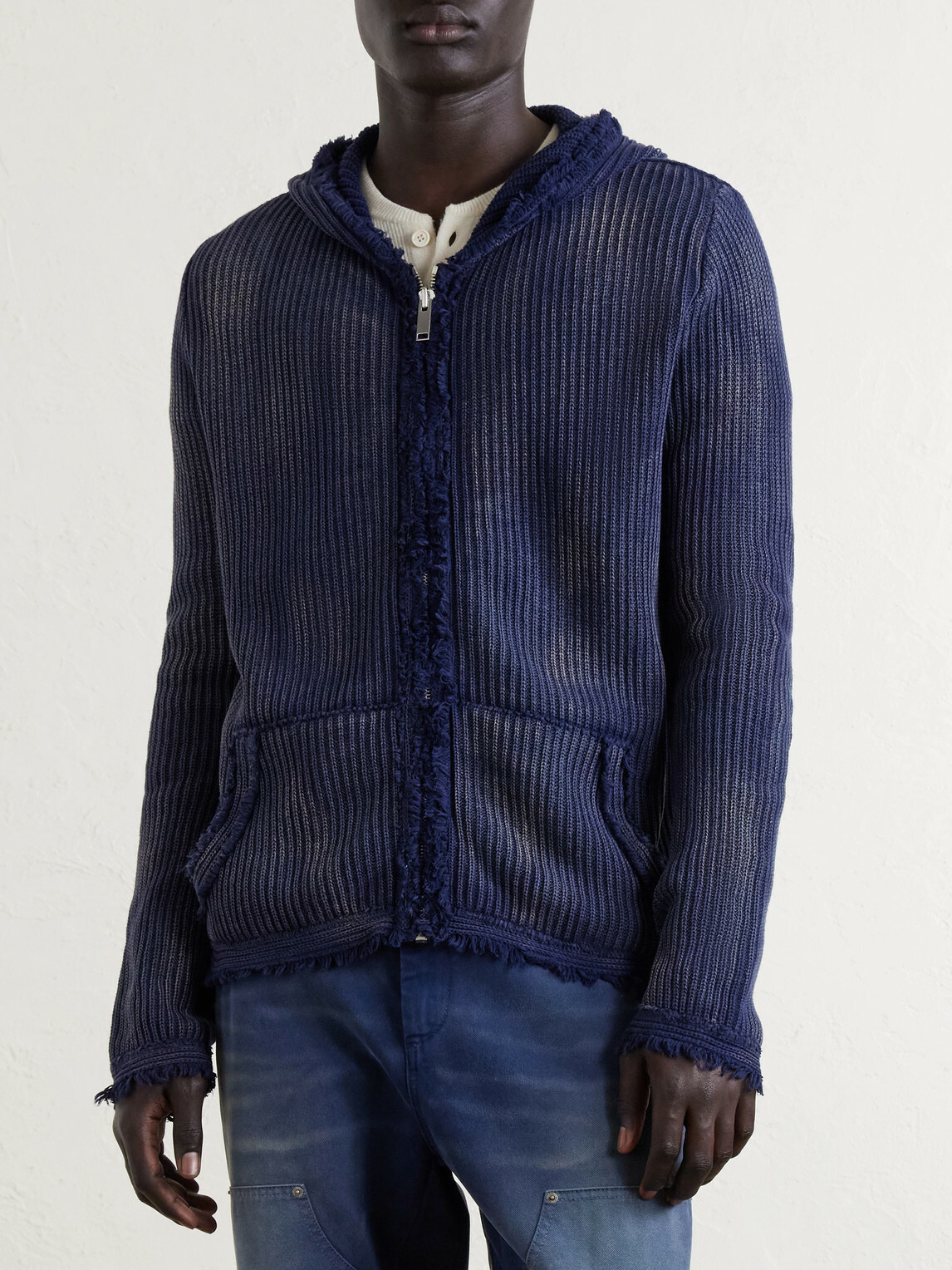 424 - Knitted Cotton Zip-Up Hoodie - Blue