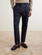NN07 - Tapered Pleated Organic Cotton-Blend Twill Trousers - Blue