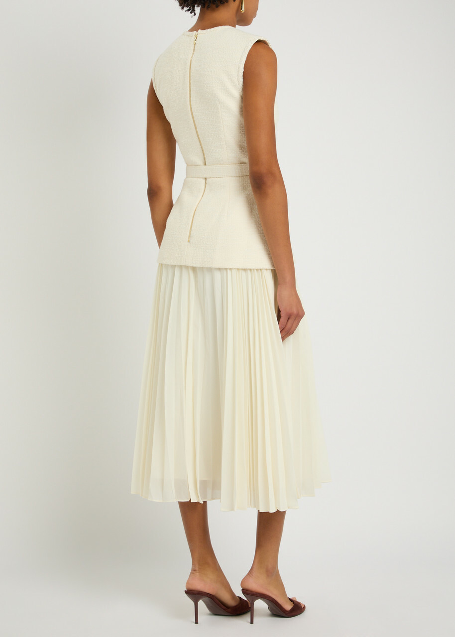 Rebecca Vallance Jonie Layered Tweed and Chiffon Midi Dress Cream