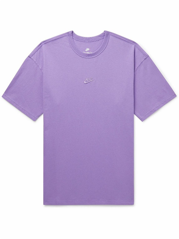 Photo: Nike - Sportswear Premium Essentials Logo-Embroidered Cotton-Jersey T-Shirt - Purple